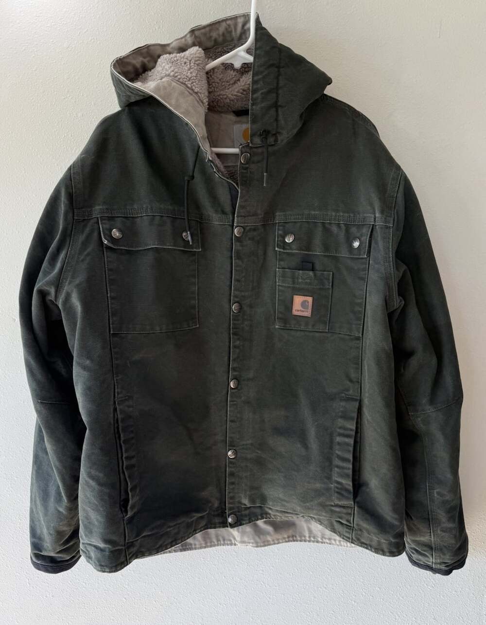 $150 Carhartt Bartlett Jacket Men Large Green Sherpa Lined Hooded Work Canvas